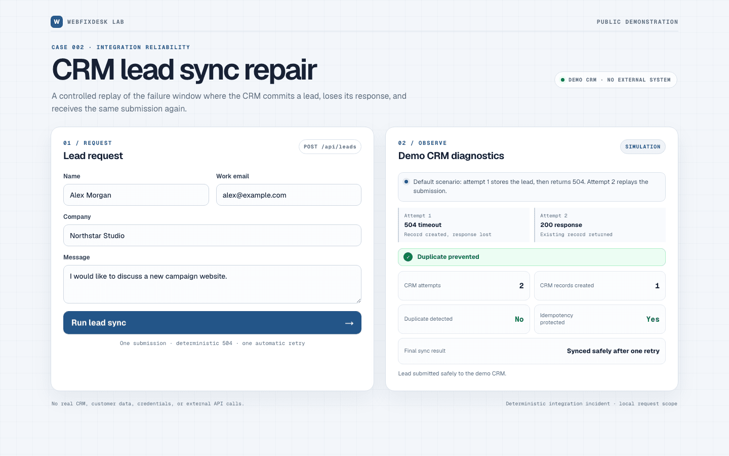 Repaired CRM diagnostics: two attempts, one record created, no duplicate detected, idempotency protected.